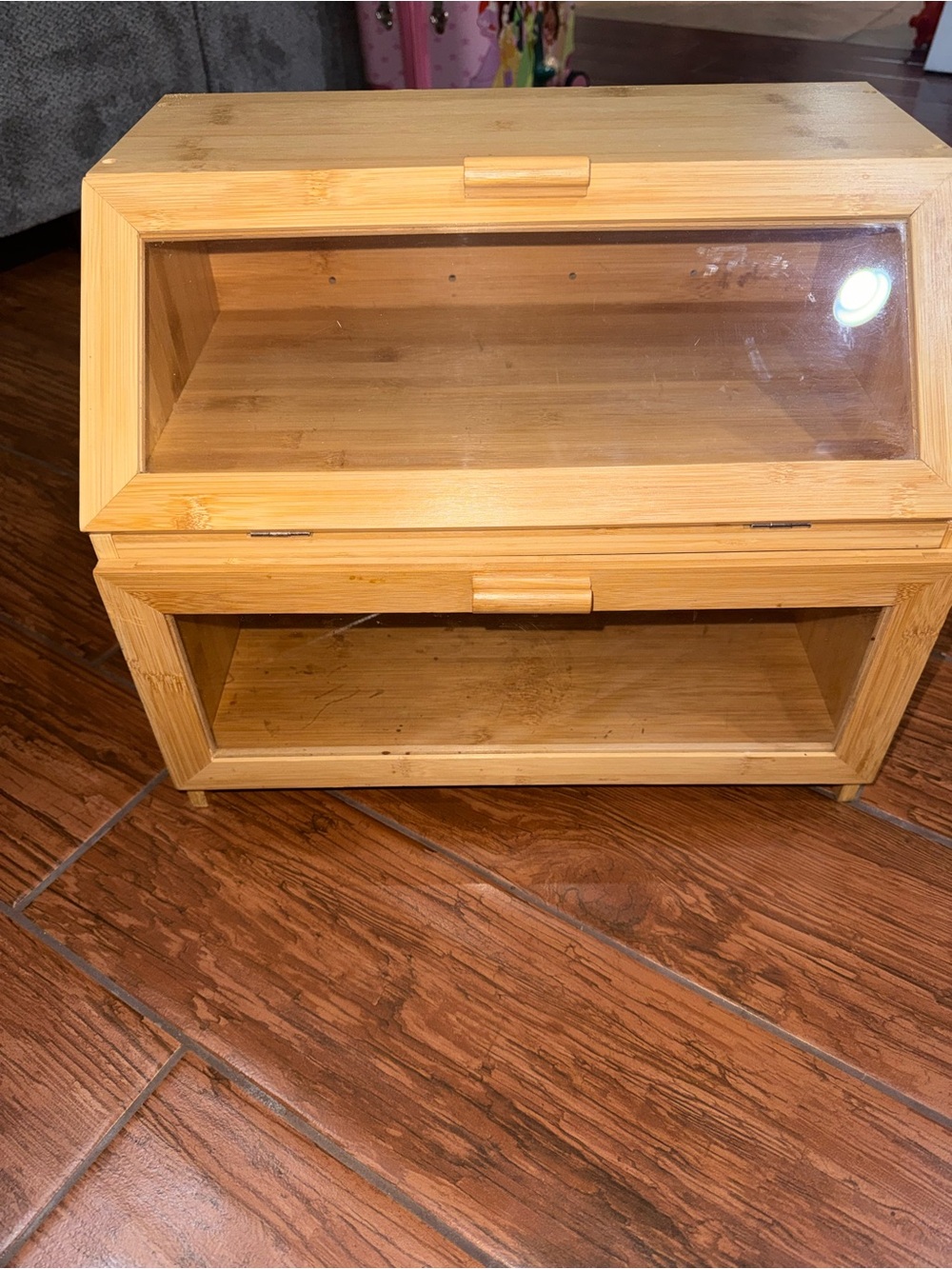 Bamboo Two-Tier Display Cabinet with Clear Panels - Natural Wood